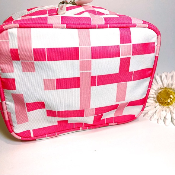 Clinique Limited Edition Pink Plaid White Travel Cosmetic Bag Zips Handle NWOT - Picture 5 of 7